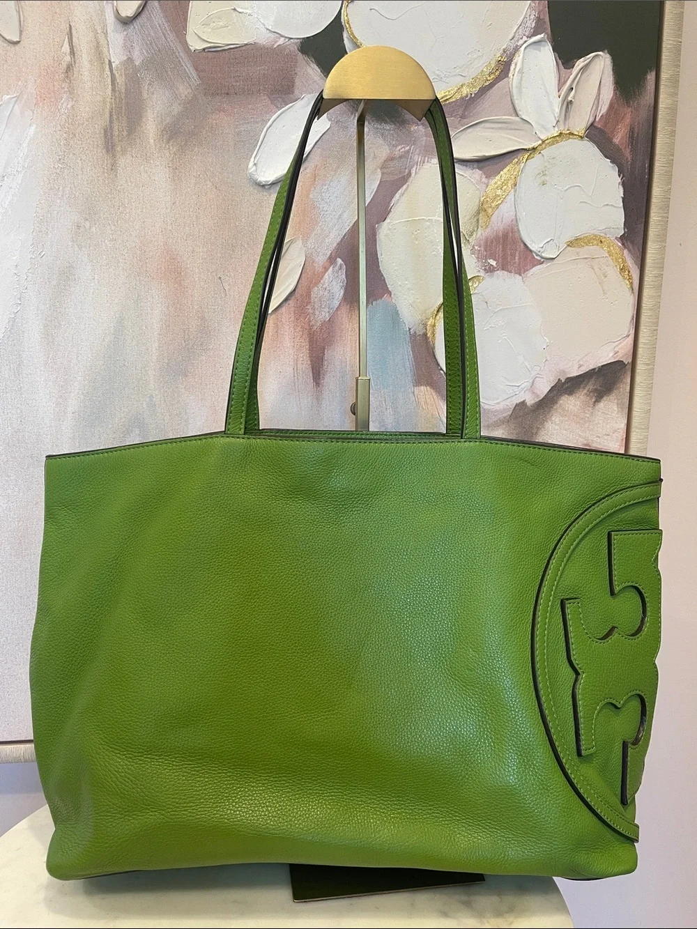 Tory Burch Green Leather Tote with Logo Accent